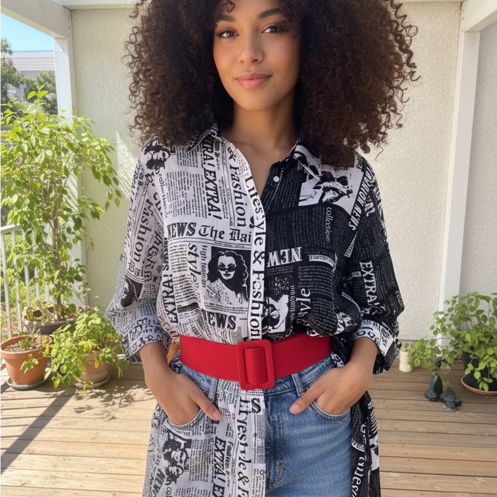 Black and White Newspaper Print Shirt